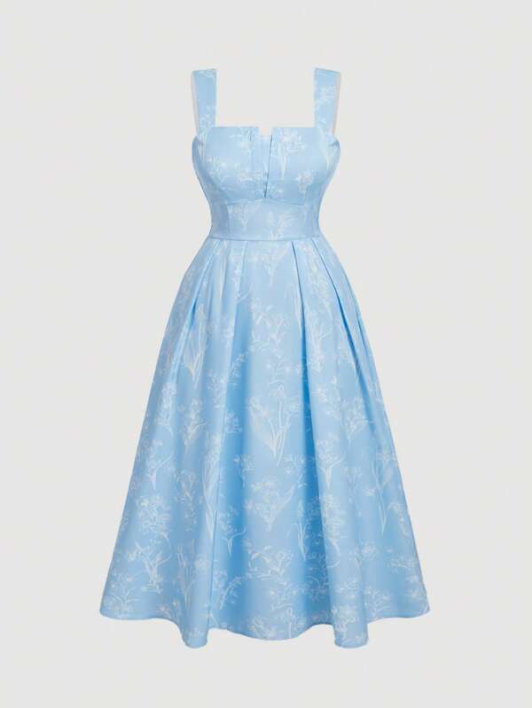 SHEIN MOD プラスサイズ レディース ライトブルー ビンテージ フローラル プリント スクープネック ノースリーブ マキシ ワンピース