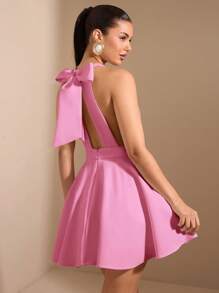 SHEIN BAE Vestido negro elegante de estilo francés con cuello halter sexy, lazo minimalista y falda abullonada. Apropiado para cumpleaños, fiestas de cóctel, ocasiones formales y fiestas en discotecas. Mismo estilo que el de las influencers.