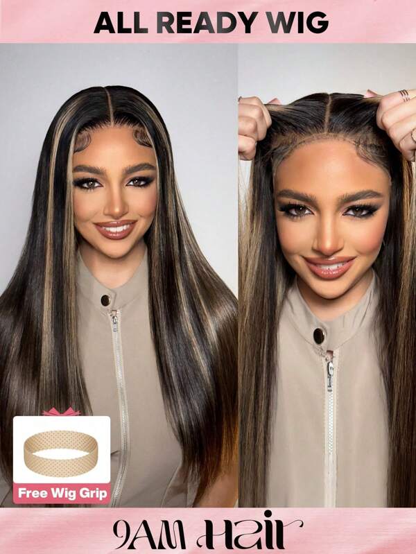 ALL READY WIG Perucă lungă, dreaptă Highlight All Ready, prealbită, pre-smulsă, pre-tăiată, dantelă topită, 5x5, perucă cu închidere fără lipici, 100% păr uman, PAR 9 AM