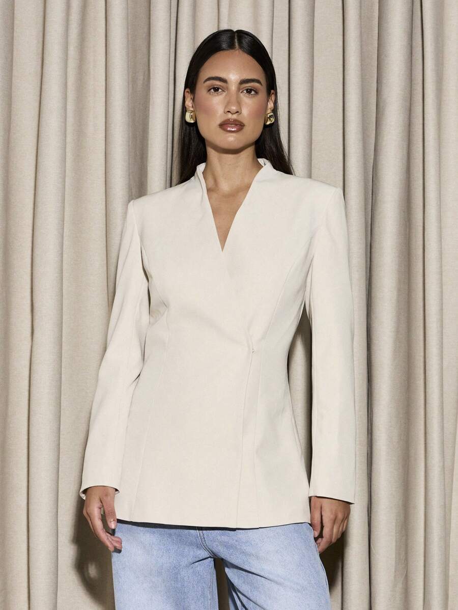 AiiRZ Professional Wrap Blazer Double Breasted Office Workwear Business Suit Jacket Tailored Fit Interview Career Formal Chic Wedding Guest Attire Spring Fall - Beige - View 1