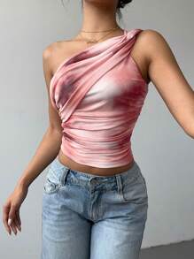 Aloruh Women's Elegant Sexy Tie Dye Print Mesh Fitted Ruched Tie Knot Cropped Top, Y2K Style Sleeveless Blouse - Baby Pink - View 5