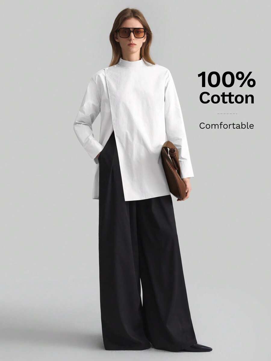 Ontre 2026 Spring/Summer New  White Wrap-Style Solid Color Stand Collar Long Sleeve Minimalist Shirt, Asymmetrical Cut, Casual, Business, Office, Teacher Wear - White - View 1