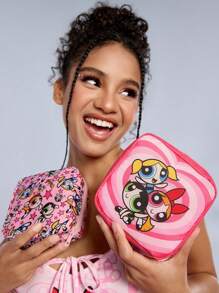 THE POWERPUFF GIRLS X SHEIN 1pc Cartoon Pattern Printed Polyester Fiber Storage Bag, Can Be Used As A Feminine Hygiene Storage Bag, Digital Storage Bag, Small Item Storage Bag, Blossom, Bubbles, Buttercup,Love, Friendship,Y2K