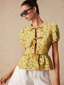 Poéselle Women's Front Tie Short Sleeve All-Over Floral Print Casual Shirt, Daily Wear,Romantic Tops,Going Out Tops Women,Summer Outfits For Women,Cute Summer Tops