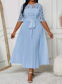 Fleurora Plus Size Holiday Casual Solid Color Lace Splice Empire Waist Pleated Hem Summer Dress Fall Women Clothes Fall Women Dresses Valentine Day Valentines Clothes Valentine Day Dress Valentines Dress Festival Outfits For Women Valentine Day Outfit Women