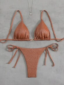 Swim Vcay Damen Bikini-Set mit Metallgewebe, einfarbig, Spaghettiträger, Schmuckverzierung, für Sommer Strandurlaub