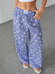 SHEIN PETITE 女士字母贴花、雏菊花卉格子图案休闲阔腿裤 - 藍色 - 查看 1