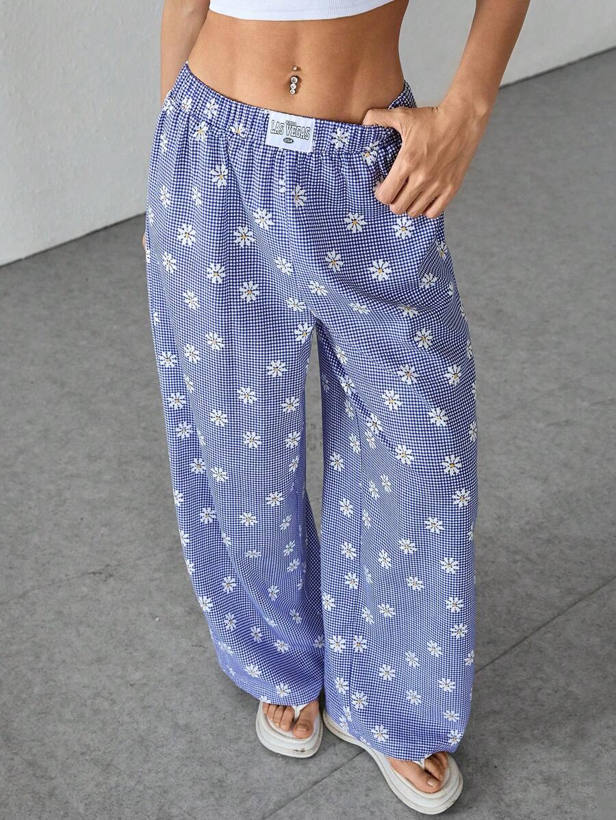 SHEIN PETITE 女士字母贴花、雏菊花卉格子图案休闲阔腿裤 - 藍色 - 查看 1
