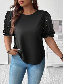 Celure 大码女式优雅浪漫日常聚会休闲圆领泡泡袖珍珠缀饰衬衫