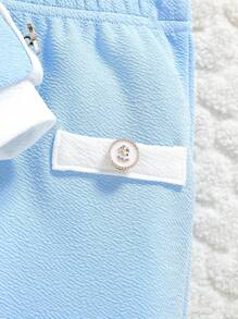 2pcs Baby Girls' Elegant Blue And White Contrast Puff Sleeve Blouse Top With Bow&Flared Pants Set,Autumn Mother Daughter Matching Outfit For Spring - Multicolor - View 6
