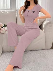Snug Zone Women's Heart Print Short Sleeve Top And Pants Pajama Set Outfit - Dusty Pink - View 3