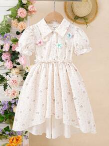 年轻女孩优雅白色泡泡袖衬衫裙，玫瑰花公主裙，新款夏季风格 - 白色 - 查看 1