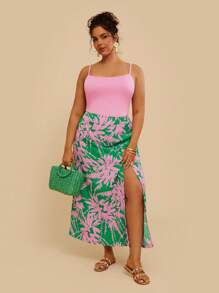 Travachic Tropical Plus Size Casual Holiday Coconut Tree Print Pink Knit Camisole Top + Long Maxi Beach Skirt 2pcs Set, Summer Women