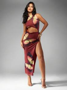 MISSGUIDED Robe longue moulante avec encolure bateau imprimée, taille fendue, dos lacé et fente latérale extrême
