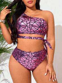 SHEIN Swim Curve Plus Size Women 2pcs Set Gold Foil One Shoulder Split High Waist Triangle Bikini Swimwear For Summer Beach Vacation - Multicolor - View 5