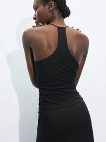 Maija Black Hollow-Out Sleeveless Maxi Dress For Women, Sexy Solid Color Backless Halter Dress, Suitable For St. Patrick's Day, Spring Break, Easter