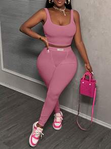 Slaydiva 2pcs Simple Casual Basic Athletic Summer Scoop Neck Sleeveless Crop Top And Skinny High Waist Ankle Pants Knitted Ribbed Tight Fitting Suit For Women,Summer Sets