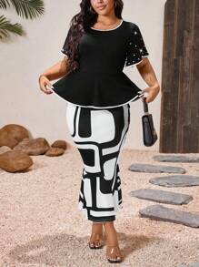 SHEIN Clasi 加大码优雅荷叶边下摆勃艮第红两件套针织连衣裙