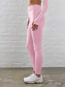 Musera Sport Ribbed High Waist Contour Activewear Leggings Workout Seamless Summer Yoga Gym Gym Fitness - Baby Pink - View 3