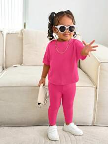 Bubblio 女婴紫红色短袖 T 恤和松紧腰裤套装，休闲时尚服装 亮黄色休闲时尚服装 - 玫紅色 - 查看 6