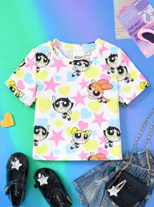 THE POWERPUFF GIRLS X SHEIN Young Girl Cartoon Love Star Print Cute And Lively Casual Short-Sleeved T-Shirt - Multicolor - View 3