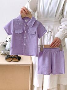 SHEIN Genkimix Kids 2pcs/Set Baby Boy/Girl Purple Collar Short Sleeve Shirt And Shorts Textured Fabric Outfit, Suitable For Baby To Wear In Summer For Playing, Vacation, Picnic, Easy To Put On And Take Off Toddler Summer Clothes Toddler Summer Boy Clothes