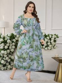 Modelyn Plus Size Long Floral Print A-Line Dress, French Romantic Style, Spring & Summer - Green - View 3