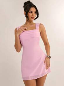 SHEIN BAE Gaun Mini Tanpa Lengan dengan Leher Persegi Warna Pink Lembut untuk Pesta Malam Musim Panas, Gaun Pastel untuk Wanita Cocok untuk Liburan Pantai, Pesta, dan Kolam Renang - Baby Pink - View 7
