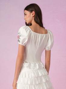 SHEIN MOD 女士简约印花方领短款泡泡袖度假时尚衬衫、波西米亚衬衫、乡村衬衫、早午餐、夏季衬衫、女士海滩