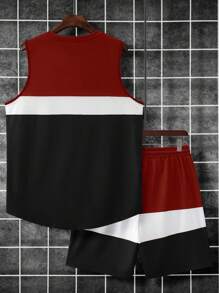 Manfinity Homme 2pcs/Set Patchwork Design Top & Shorts, Casual & Fashionable Summer Outfit - Multicolor - View 2