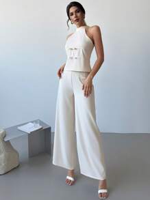 Firerie Valentinstag Neuer, einfacher, eleganter, vintage, moderner, lässiger/Büro Aprikosenfarben Halter-Rückenfreie Schleife Bluse & High-Waist weite Bein Hosen 2-teiliges Outfit dezent - Aprikosenfarben - Übersicht 6