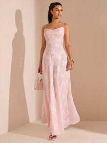 SHEIN BAE Váy Maxi Trơn Dài Phồng Ôm Dáng Màu Hồng Trơn Cho Nữ, Váy Đi Nghỉ, Váy Hẹn Hò Ngày Lễ Tình Nhân, Váy Phù Dâu Mini, Mùa Hè Xuân - Hồng - Xem 3
