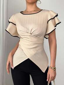 SHEIN LUNE Blusa con doble capa de manga con volantes y lazo delantero para mujeres - Caqui - Ver 5