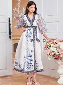 SHEIN Leap Crew Teen Girl's Woven Contrast Mesh Floral Printed V-Neck Tie Waist Dress - Blue and White - View 8