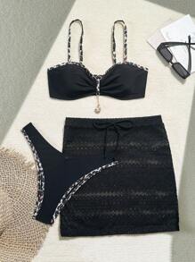 SHEIN Swim Set de 3 piezas Bikini de mujer sexy con top de halter, falda de malla y conjunto de traje de baño para playa, resort de isla, casual para crucero, fiesta en la piscina