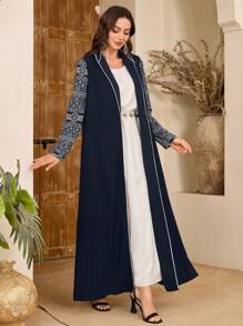 Al Najma Women's Pattern Pleated Splice Conservative Elegant Arabic Abaya, Modest Robe