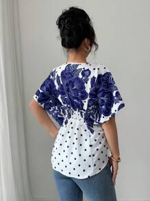 SHEIN Unity Women Floral Print Batwing Sleeve Casual Short Sleeve Shirt - Blue - View 2