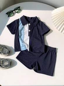 Bộ 2 áo thun polo và quần short cho bé trai/bé gái, áo polo khối màu bất đối xứng, thiết kế mở phía trước tiện lợi, thích hợp mặc ở nhà, chơi ngoài trời, tiệc tùng và mọi dịp - Màu xanh lam - Xem 7