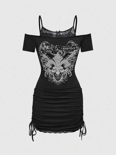 Vestido de mujer con estampado punk, aplicaciones de encaje, volantes y bajo asimétrico