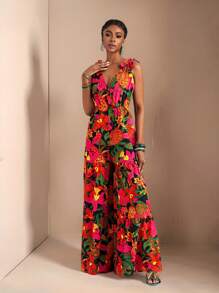 Zivah Mono sin mangas con estampado floral y detalle anudado en los hombros, estilo de vacaciones para mujer