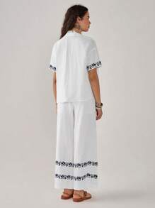 Florisole Conjunto de 2 piezas para mujer: pantalón recto holgado de vacaciones con cuello en V elegante y estampado de bordado floral