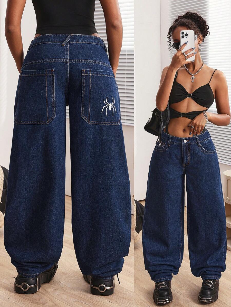 SHEIN ICON Quần Jeans Denim Ống Rộng Thiết Kế Túi Cho Nữ, Dáng Rộng, Thường Ngày, Đa Năng - Màu xanh lam - Xem 1
