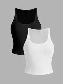 Slaydiva 2pcs Casual Minimalist Women's Ribbed Black & White Tank Top, Suitable For Summer - Multicolor - View 1