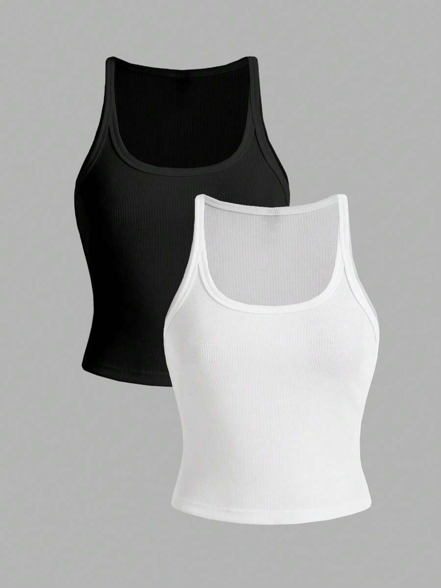 Slaydiva 2pcs Casual Minimalist Women's Ribbed Black & White Tank Top, Suitable For Summer - Multicolor - View 1