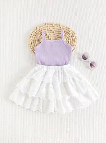 Cozy Pixies 2pcs/Set Baby Girl 3D Flower Knit Soft Camisole Top And Mesh Skirt Set