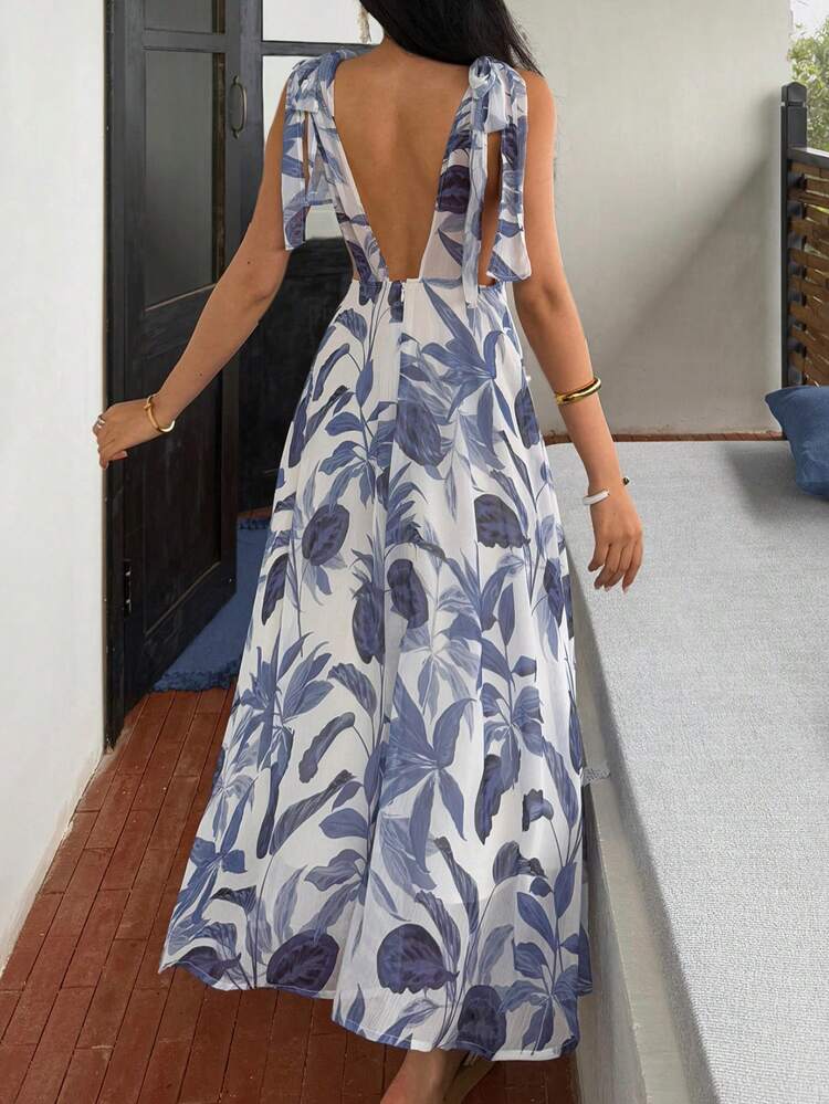 Beach Resort Blue & White Floral Print V-Neck Mid-Length Dress For Women, Summer Sundress Boho