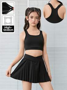 SHEIN Tween 女童休闲针织纯色吊带背心和短裙短裤运动套装