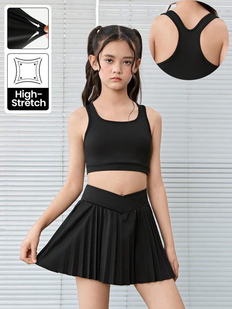 SHEIN Tween 女童休闲针织纯色吊带背心和短裙短裤运动套装