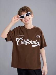 SHEIN Tween Boy Loose Fit Casual Sport Round Neck Pattern Short Sleeve T-Shirt - Brown - View 4