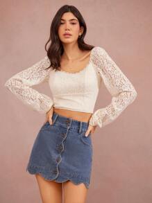 WESTFADE Spring High Waist Button Front Cute Scalloped Western Denim A Line Mini Skirt, Summer Beach Vacation Brunch - Medium Wash - View 5